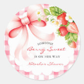 Sticker Rond Baby shower gingham fraise rose (Devant)