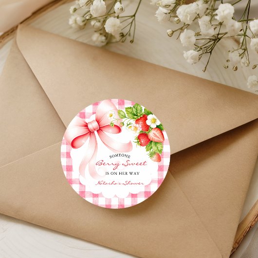 Sticker Rond Baby shower gingham fraise rose