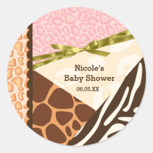 Sticker Rond Baby shower Girls Pink Safari Imprimer Fête à thèm