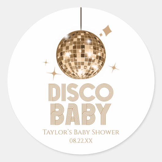 Sticker Rond Baby shower Gold Disco Ball "Disco Baby" (Devant)
