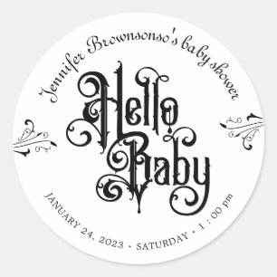 Sticker Rond Baby Shower gothique sombre bonjour bébé