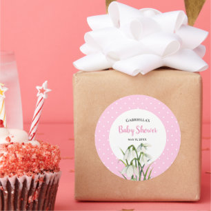 Sticker Rond Baby Shower Gouttes de Neige Blanches Taches Roses