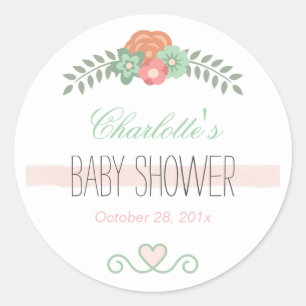 Sticker Rond Baby shower gracieux Chic Rose rose Turquoise Flor