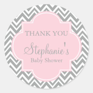Sticker Rond Baby shower gris, blanc et rose pastel Chevron