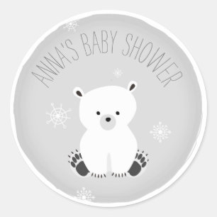 Sticker Rond Baby shower gris neutre de flocon de neige d'ours