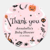 Sticker Rond Baby shower Halloween fantôme rose Merci (Devant)