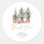 Sticker Rond Baby shower hiver Rustique de Noël Arbres (Devant)
