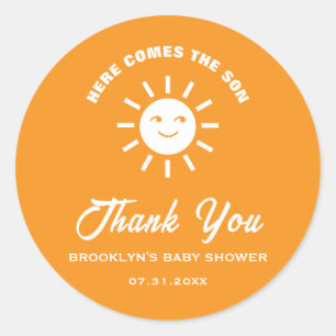 Sticker Rond Baby shower Ici Vient Le Fils Soleil Orange Blanc