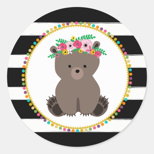 Sticker Rond Baby shower inspiré par l'ours de Boho rayé Pompom (Devant)