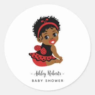 Sticker Rond Baby Shower Ladybug Afro-Américaine Rouge et Noire