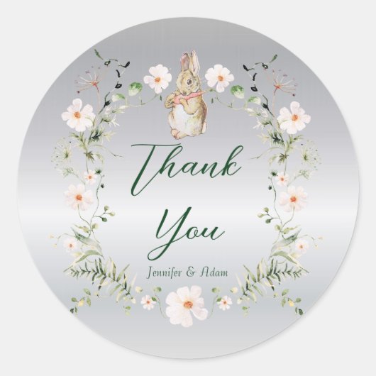 Sticker Rond Baby shower lapin floral argenté (Devant)