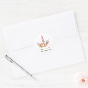 Sticker Rond Baby Shower Licorne Fleur Rose