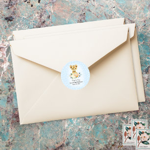Sticker Rond Baby shower Lion Cub Floral Blue Merci Favoriser