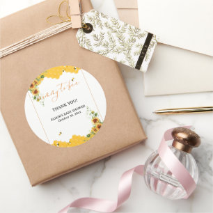 Sticker Rond Baby-Shower Maman-Abeille Tournesol en Nid d'Abeil