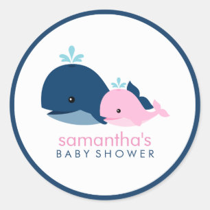 Sticker Rond Baby shower Maman et Bébé Baleines {rose}