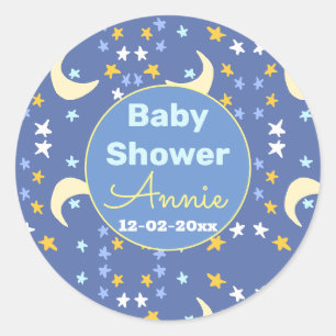 Sticker Rond Baby shower marine bleu étoile lune ajouter nom an
