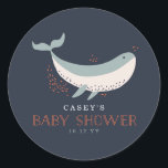 Sticker Rond Baby shower Marine Life<br><div class="desc">Vector marine life design de Shelby Allison avec des bancs de poissons aux couleurs vives nageant autour d'une baleine sur un arrière - plan bleu marine foncé.</div>