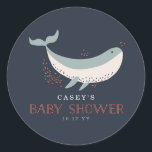 Sticker Rond Baby shower Marine Life<br><div class="desc">Vector marine life design de Shelby Allison avec des bancs de poissons aux couleurs vives nageant autour d'une baleine sur un arrière - plan bleu marine foncé.</div>