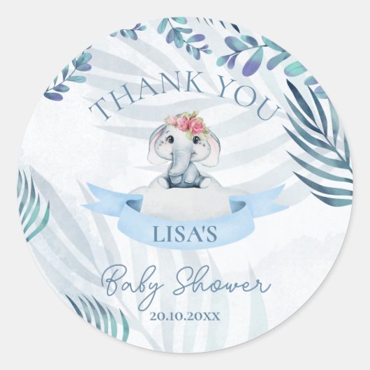 Sticker Rond Baby shower Merci Eléphant Aquarelle Cute (Devant)