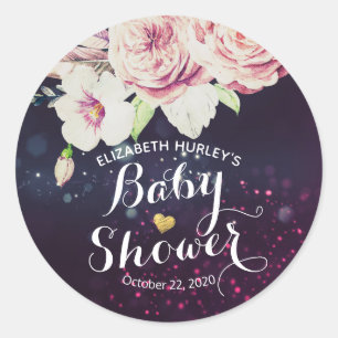 Sticker Rond Baby shower Merci Floral Plumes Purple Lumières