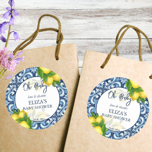 Sticker Rond Baby shower merci tag bleu tuiles citron faveur