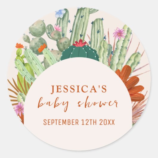 Sticker Rond Baby shower minimal Boho Cactus Arch Desert Pampas (Devant)