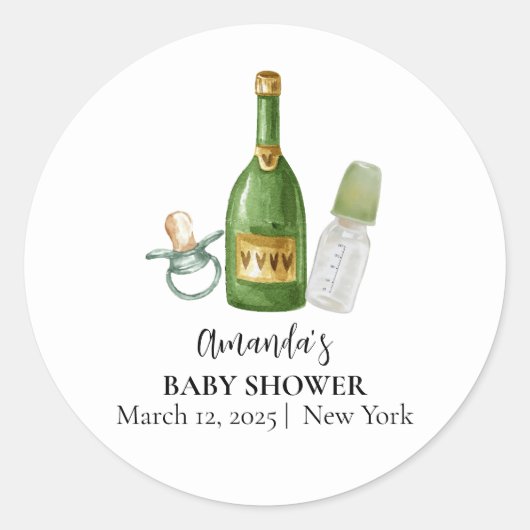 Sticker Rond Baby shower minimal vert Poppin Champagne bouteill (Devant)