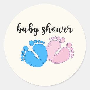 Sticker Rond Baby shower minimaliste bleu et rose pieds bébé