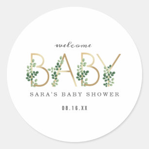 Sticker Rond Baby shower minimaliste de lettres botaniques