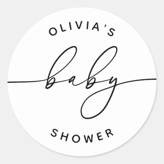 Sticker Rond Baby Shower Minimaliste. Texte Noir & Blanc en sou (Devant)