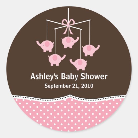 Sticker Rond Baby shower mobile rose et Brown Elephant (Devant)