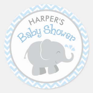 Sticker Rond Baby-Shower Moderne Bleu et Gris pour Garçon Éléph