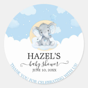 Sticker Rond Baby shower moderne Blue Elephant Boy Merci