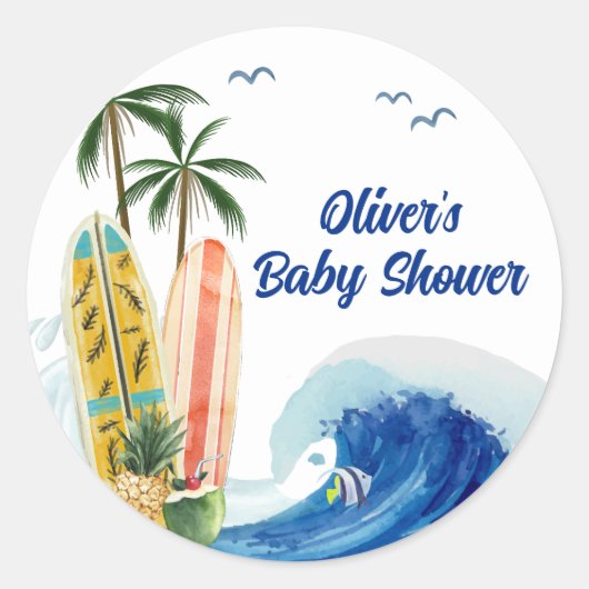 Sticker Rond Baby shower moderne Blue Ocean Wave Surboard (Devant)
