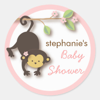 Sticker Rond Baby shower moderne de filles douces singes en ros