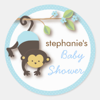 Sticker Rond Baby shower moderne de singe Sweet Boy en bleu