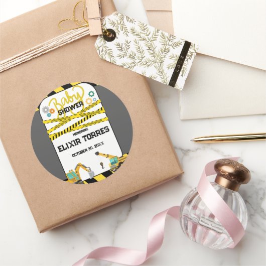 Sticker Rond Baby shower moderne en construction (Cadeaux)