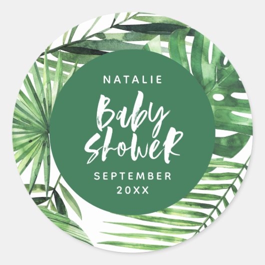 Sticker Rond Baby shower moderne et verdoyant, feuillage tropic (Devant)