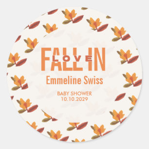 Sticker Rond Baby Shower Moderne Feuilles d'Automne Tombent Amo