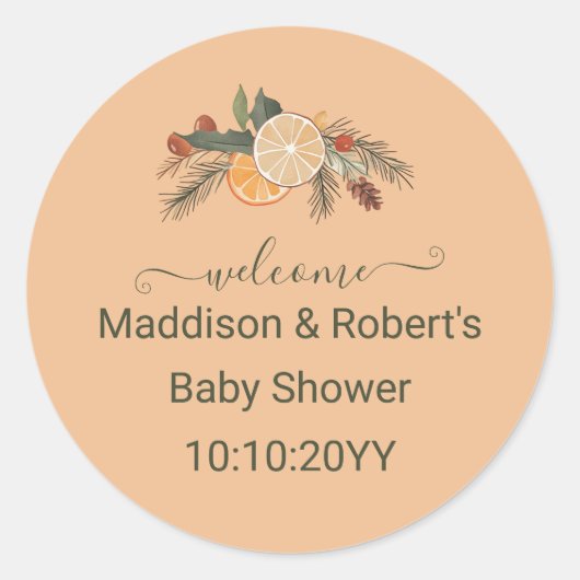Sticker Rond Baby shower moderne séché d'agrumes d'hiver Accuei (Devant)