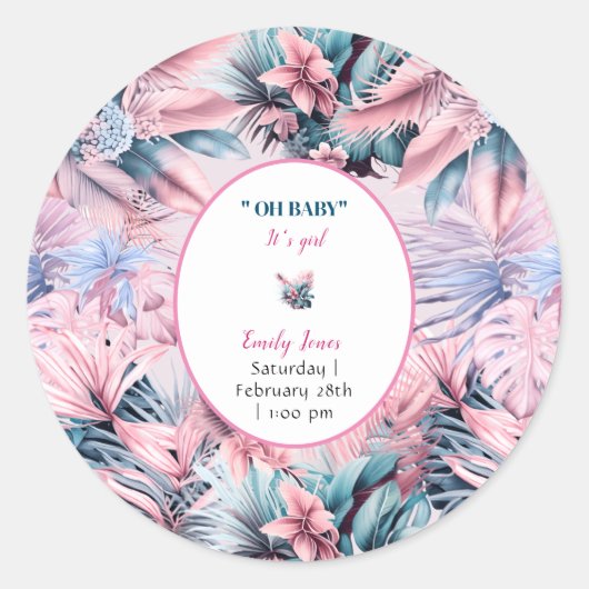 Sticker Rond Baby shower moderne tropical pastel rose bleu (Devant)
