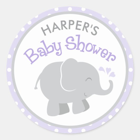 Sticker Rond Baby shower moderne violet gris éléphant fille (Devant)