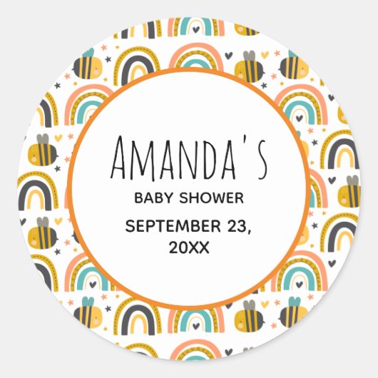 Sticker Rond Baby shower Motif de mignet Bumble Bee et Rainbows (Devant)