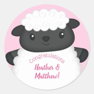 Sticker Rond Baby shower mouton ferme rose fille