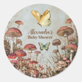 Sticker Rond Baby shower naturel des champignons papillons (Devant)