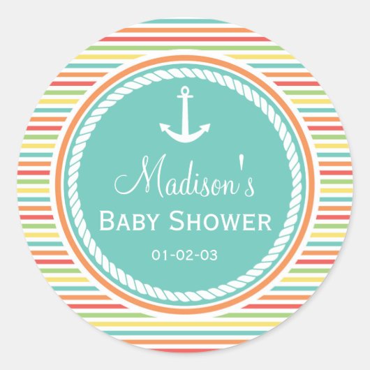 Sticker Rond Baby shower Nautique, Bright Rainbow Stripes (Devant)