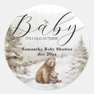 Sticker Rond Baby shower neutre à l'extérieur de la forêt d'hiv