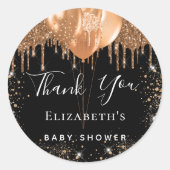 Sticker Rond Baby shower noir or parties scintillant nom merci (Devant)