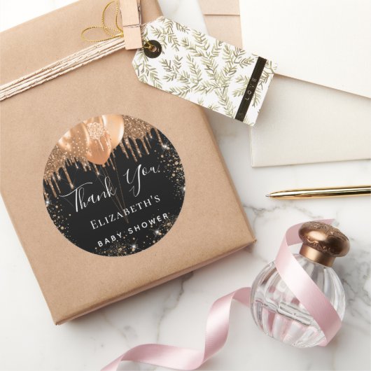 Sticker Rond Baby shower noir or parties scintillant nom merci (Cadeaux)
