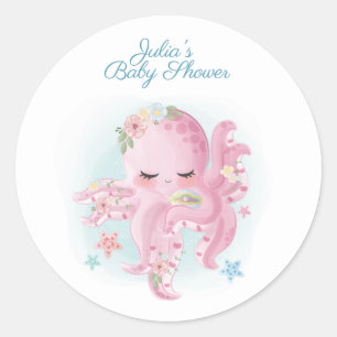 Sticker Rond Baby shower octopus rose mignon